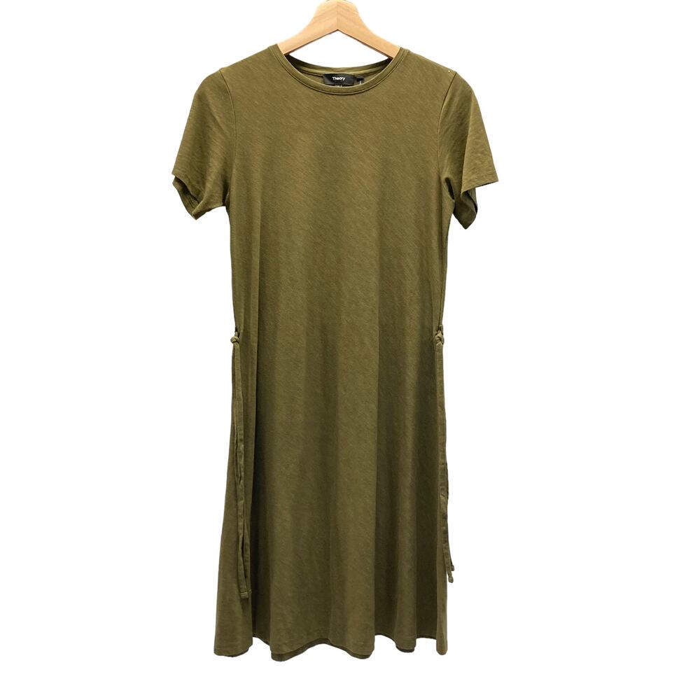 Theory T-Shirt Dress Drawstring Army Green Crew Short Sleeve Cotton Modal